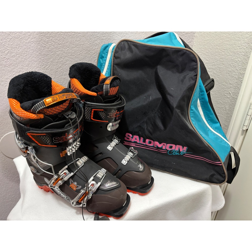 Salomon Quest Pro Ski Boots Black Brown Orange 26.5 with Salomon Club Bag